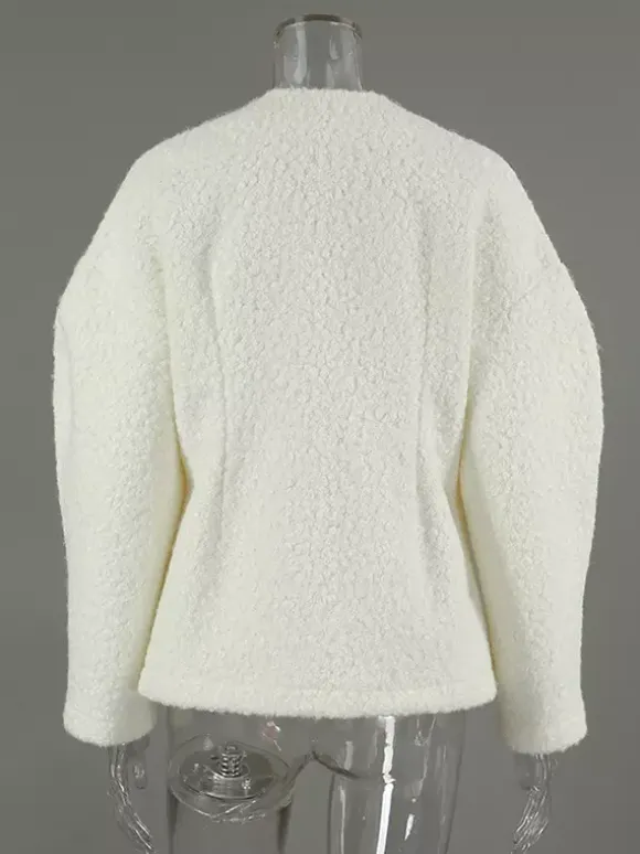 White Boucle Women's Short Jacket - Elegant V Neck Puff Sleeve Slim Fit Outerwear - French Chic Spring Outfits 2026