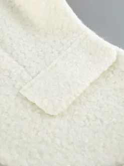 White Boucle Women's Short Jacket - Elegant V Neck Puff Sleeve Slim Fit Outerwear - French Chic Spring Outfits 2026