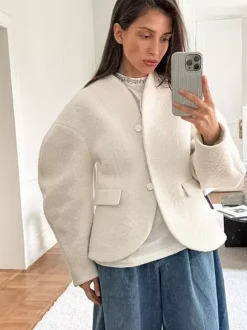 White Boucle Women's Short Jacket - Elegant V Neck Puff Sleeve Slim Fit Outerwear - French Chic Spring Outfits 2026