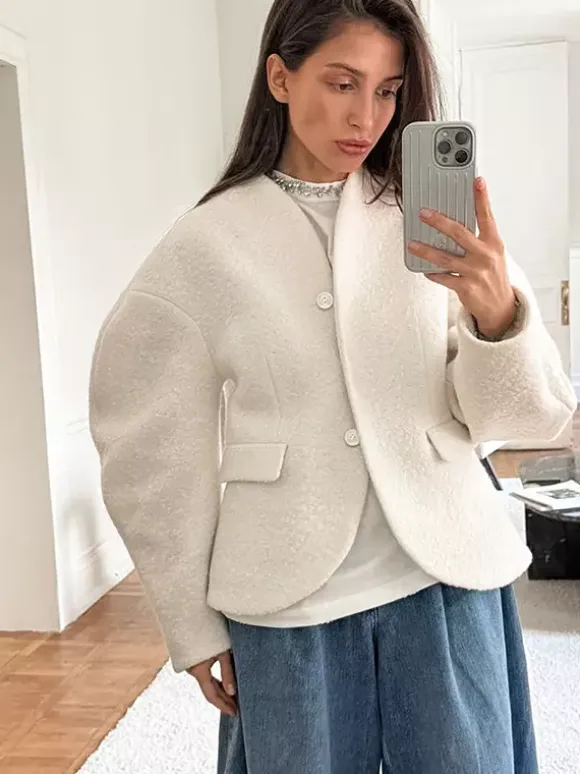 White Boucle Women's Short Jacket - Elegant V Neck Puff Sleeve Slim Fit Outerwear - French Chic Spring Outfits 2026