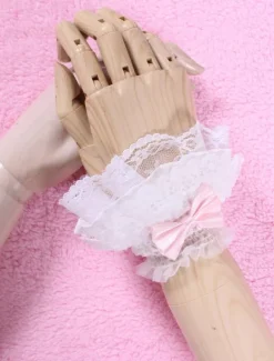 White Bows Lace Synthetic Lolita Gloves