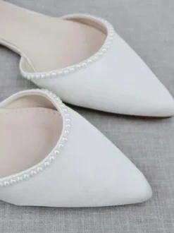 White Bridal Shoes PU Leather Pointed Toe Pearls Bridal Flats