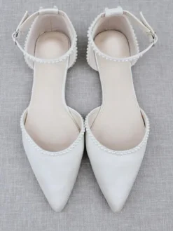 White Bridal Shoes PU Leather Pointed Toe Pearls Bridal Flats