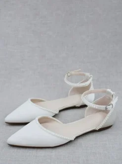 White Bridal Shoes PU Leather Pointed Toe Pearls Bridal Flats