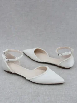 White Bridal Shoes PU Leather Pointed Toe Pearls Bridal Flats