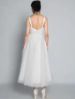 White Bridal Short Dress A-Line Sweetheart Pearls Spaghetti Straps Tea Length Dress Free Customization