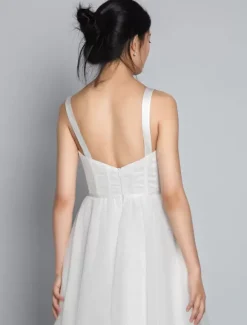 White Bridal Short Dress A-Line Sweetheart Pearls Spaghetti Straps Tea Length Dress Free Customization