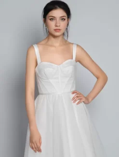 White Bridal Short Dress A-Line Sweetheart Pearls Spaghetti Straps Tea Length Dress Free Customization