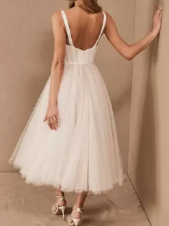 White Bridal Short Dress A-Line Sweetheart Pearls Spaghetti Straps Tea Length Dress Free Customization