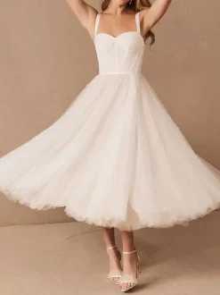 White Bridal Short Dress A-Line Sweetheart Pearls Spaghetti Straps Tea Length Dress Free Customization