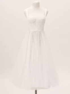 White Bridal Short Dress A-Line Sweetheart Pearls Spaghetti Straps Tea Length Dress Free Customization