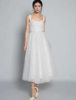 White Bridal Short Dress A-Line Sweetheart Pearls Spaghetti Straps Tea Length Dress Free Customization