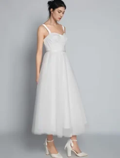 White Bridal Short Dress A-Line Sweetheart Pearls Spaghetti Straps Tea Length Dress Free Customization