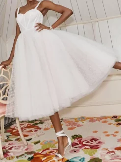 White Bridal Short Dress A-Line Sweetheart Pearls Spaghetti Straps Tea Length Dress Free Customization