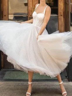 White Bridal Short Dress A-Line Sweetheart Pearls Spaghetti Straps Tea Length Dress Free Customization