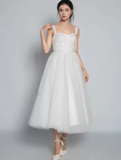 White Bridal Short Dress A-Line Sweetheart Pearls Spaghetti Straps Tea Length Dress Free Customization