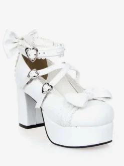 White Chunky Square Heels Lolita Shoes Platform Ankle Strap Heart Shape Buckles Bows