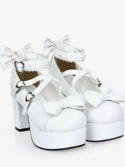 White Chunky Square Heels Lolita Shoes Platform Ankle Strap Heart Shape Buckles Bows