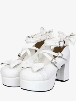 White Chunky Square Heels Lolita Shoes Platform Ankle Strap Heart Shape Buckles Bows