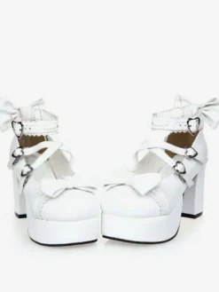 White Chunky Square Heels Lolita Shoes Platform Ankle Strap Heart Shape Buckles Bows