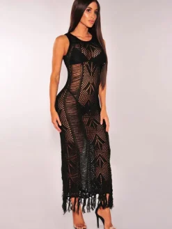 White Club Dress Round Neck Sleeveless Semi Sheer Fringe Cut Out Women's Long Dresses
