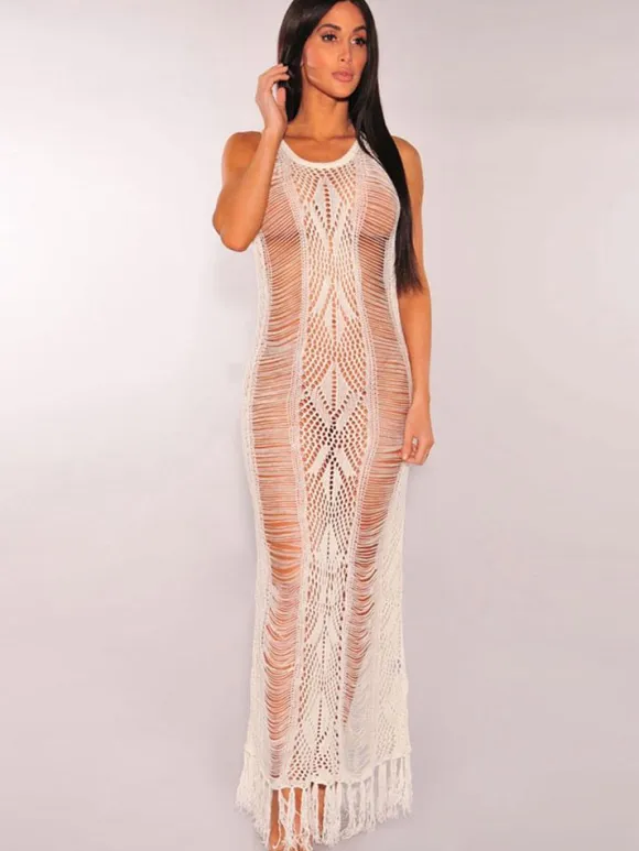 White Club Dress Round Neck Sleeveless Semi Sheer Fringe Cut Out Women's Long Dresses