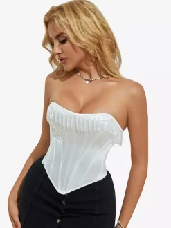 White Corset Underbust Tassel Back Bandage Wedding Women's Bustier Top
