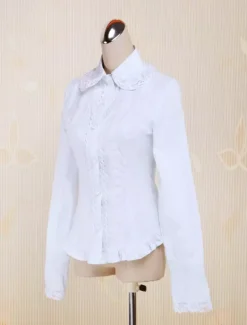 White Cotton Lolita Blouse Long Sleeves Lace Trim Turn-down Collar