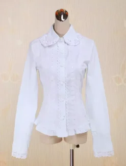 White Cotton Lolita Blouse Long Sleeves Lace Trim Turn-down Collar
