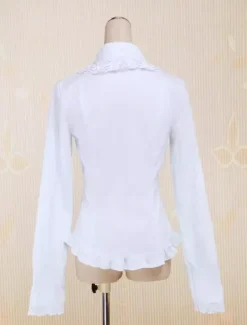 White Cotton Lolita Blouse Long Sleeves Lace Trim Turn-down Collar