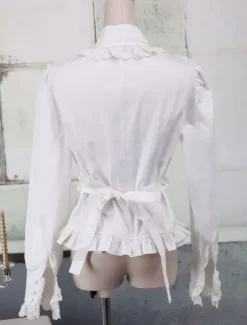 White Cotton Lolita Blouse Long Sleeves Lace Trim Turn-down Collar Ruffles