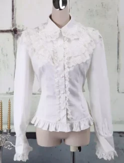 White Cotton Lolita Blouse Long Sleeves Lace Trim Turn-down Collar Ruffles