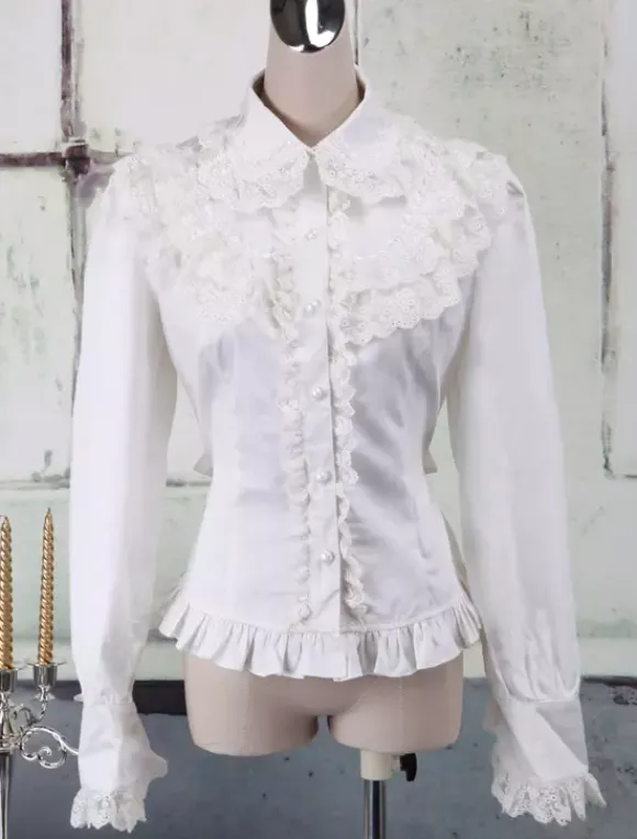 White Cotton Lolita Blouse Long Sleeves Lace Trim Turn-down Collar Ruffles