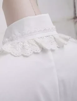 White Cotton Lolita Blouse Long Sleeves Lace Trim Turn-down Collar Ruffles
