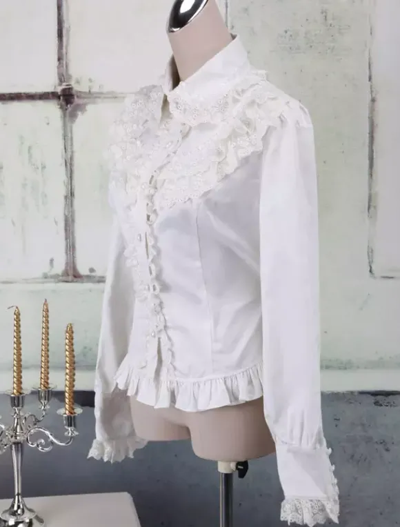 White Cotton Lolita Blouse Long Sleeves Lace Trim Turn-down Collar Ruffles
