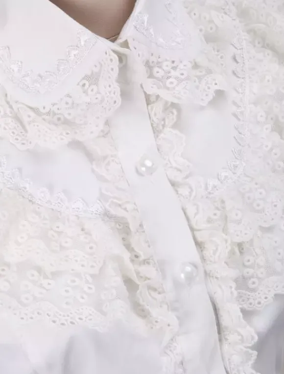 White Cotton Lolita Blouse Long Sleeves Lace Trim Turn-down Collar Ruffles