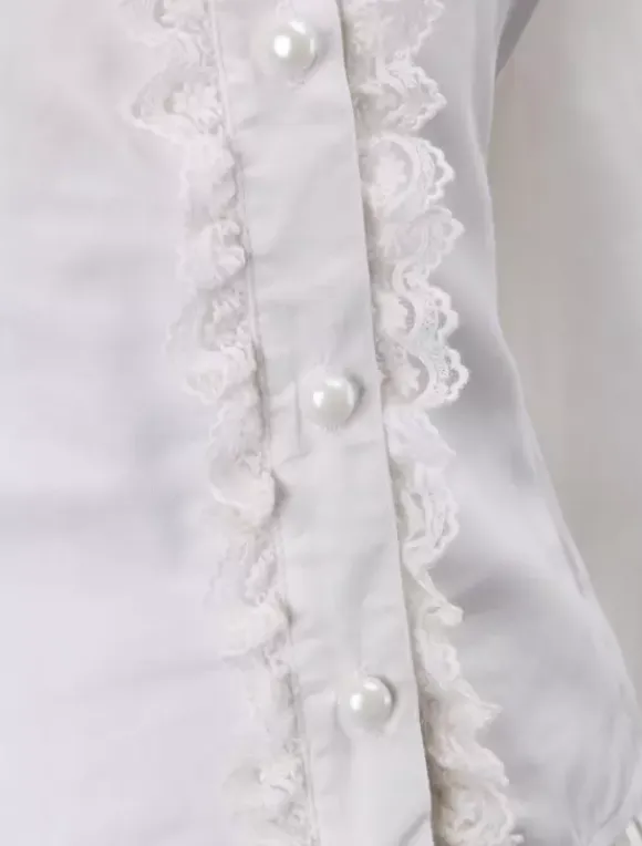 White Cotton Lolita Blouse Long Sleeves Lace Trim Turn-down Collar Ruffles