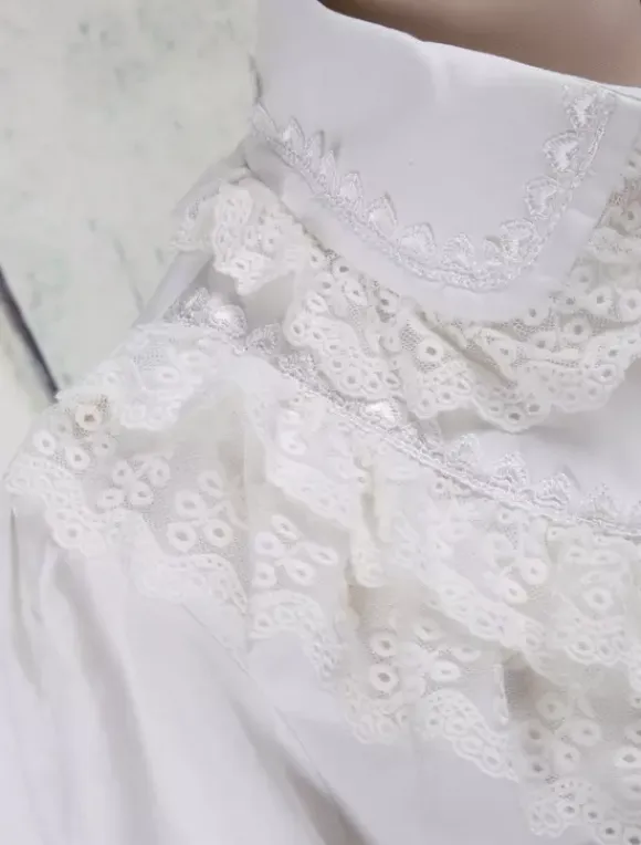 White Cotton Lolita Blouse Long Sleeves Lace Trim Turn-down Collar Ruffles