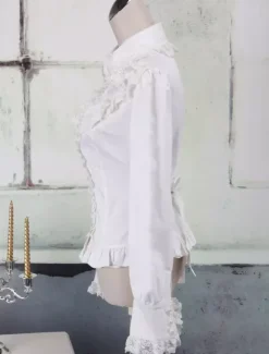 White Cotton Lolita Blouse Long Sleeves Lace Trim Turn-down Collar Ruffles