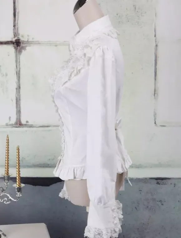 White Cotton Lolita Blouse Long Sleeves Lace Trim Turn-down Collar Ruffles