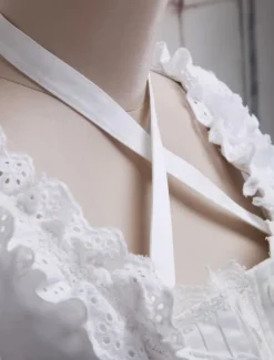 White Cotton Lolita Blouse Short Sleeves Neck Straps Lace Trim Ruffles
