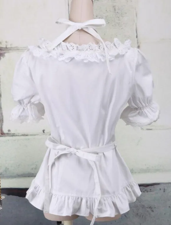 White Cotton Lolita Blouse Short Sleeves Neck Straps Lace Trim Ruffles