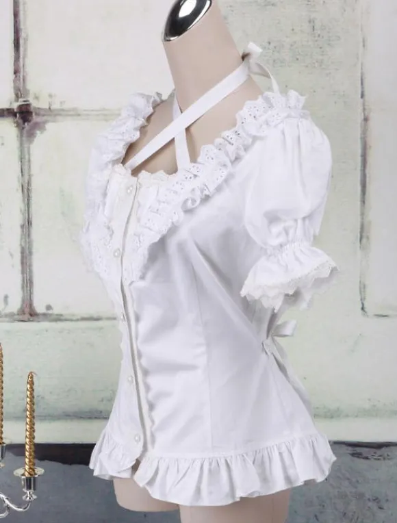 White Cotton Lolita Blouse Short Sleeves Neck Straps Lace Trim Ruffles
