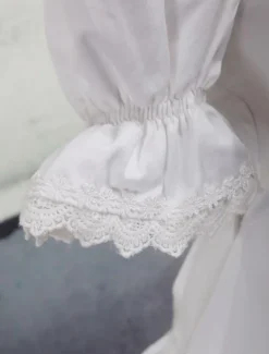 White Cotton Lolita Blouse Short Sleeves Neck Straps Lace Trim Ruffles