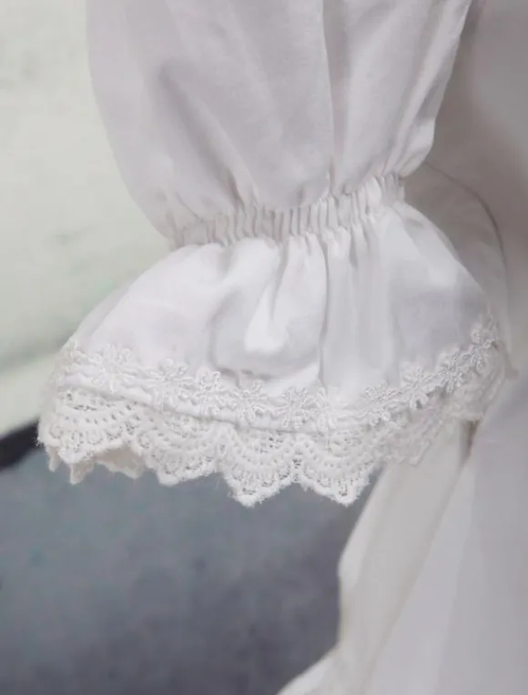 White Cotton Lolita Blouse Short Sleeves Neck Straps Lace Trim Ruffles