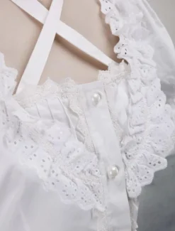 White Cotton Lolita Blouse Short Sleeves Neck Straps Lace Trim Ruffles