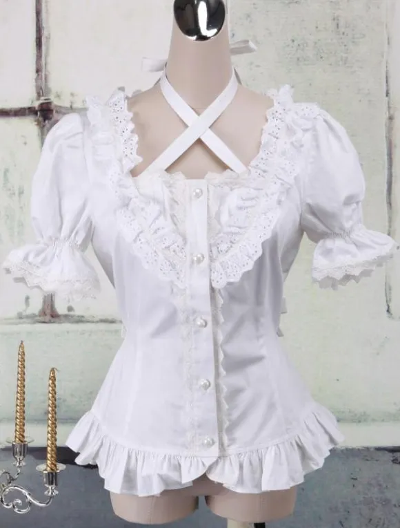 White Cotton Lolita Blouse Short Sleeves Neck Straps Lace Trim Ruffles