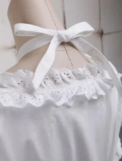 White Cotton Lolita Blouse Short Sleeves Neck Straps Lace Trim Ruffles