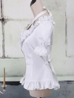 White Cotton Lolita Blouse Short Sleeves Neck Straps Lace Trim Ruffles