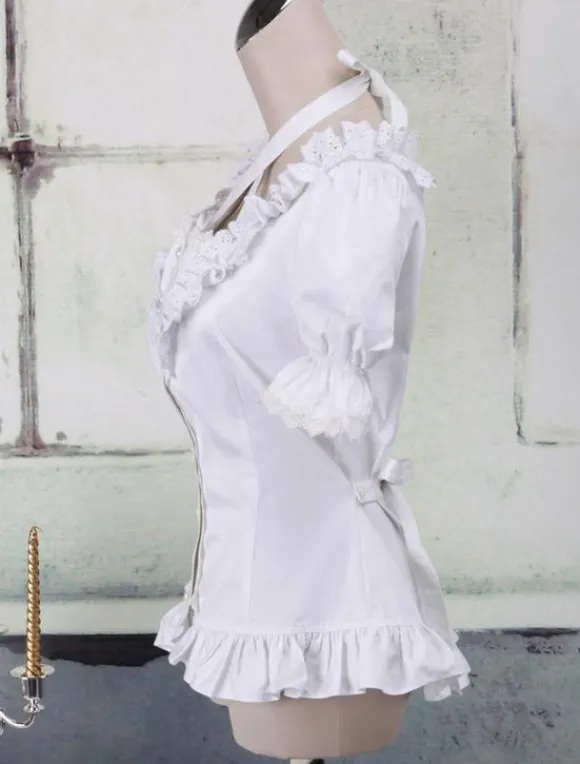White Cotton Lolita Blouse Short Sleeves Neck Straps Lace Trim Ruffles